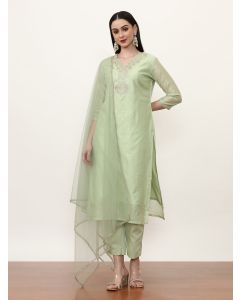 Embroidered Chanderi Cotton Solid Kurta Sets With Net Dupatta-ES_7538_Green