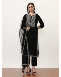 Embroidered Silk Blend Solid Kurta Sets With Net Dupatta-ES_7543_Black_L
