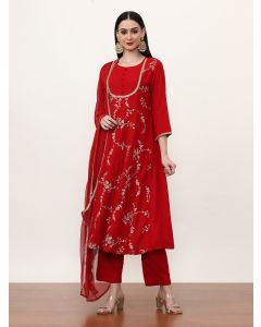 Embroidered Ethnic Motifs Kurta Sets With Poly Chiffon Dupatta-ES_7544_Red_L
