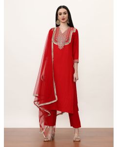 Embroidered Silk Blend Solid Kurta Sets With Net Dupatta-ES_7546_Red_L