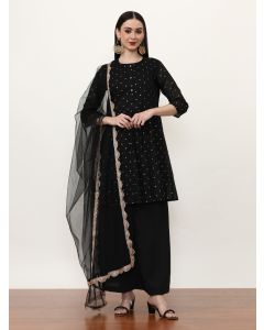 Printed Chanderi Cotton Floral Kurta Sets With Net Dupatta-ES_7548_Black_L