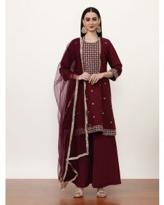 Embroidered Silk Blend Ethnic Motifs Kurta Sets With Net Dupatta-ES_7549_Maroon_XL