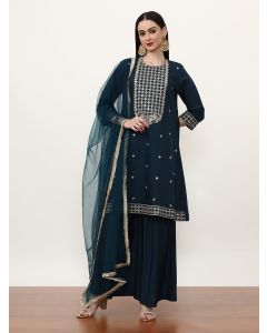 Embroidered Silk Blend Ethnic Motifs Kurta Sets With Net Dupatta-ES_7549_Teal_L