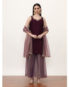 Embroidered Cotton Blend Solid Kurta Sets With Net Dupatta-ES_7550_Burgundy_M
