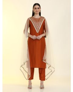 Embroidered Silk Blend Solid Kurta Sets With Net Dupatta-ES_7551_Rust_L