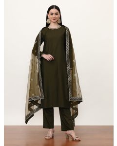 Embroidered Silk Blend Ethnic Motifs Kurta Sets With Net Dupatta-ES_7552_Green_S