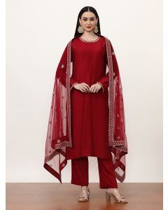 Embroidered Silk Blend Ethnic Motifs Kurta Sets With Net Dupatta-ES_7552_Red
