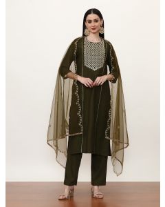 Embroidered Silk Blend Ethnic Motifs Kurta Sets With Net Dupatta-ES_7553_Green