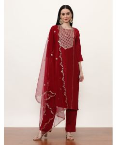 Embroidered Silk Blend Ethnic Motifs Kurta Sets With Net Dupatta-ES_7553_Red