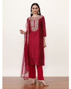 Embroidered Silk Blend Ethnic Motifs Kurta Sets With Net Dupatta-ES_7554_Red