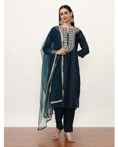 Embroidered Silk Blend Ethnic Motifs Kurta Sets With Net Dupatta-ES_7554_Teal