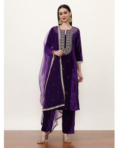 Embroidered Velvet Ethnic Motifs Kurta Sets With Net Dupatta-ES_7555_Purple