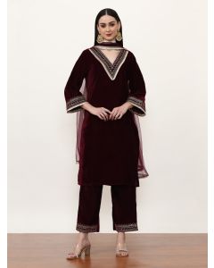 Embroidered Velvet Ethnic Motifs Kurta Sets With Net Dupatta-ES_7556_Wine_L