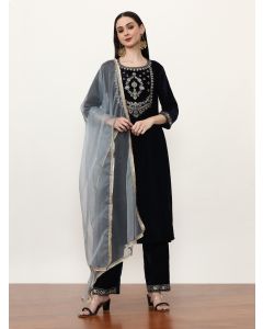 Embroidered Velvet Ethnic Motifs Kurta Sets With Organza Dupatta-ES_7557_Navy Blue_L