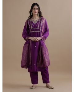 Embroidered Chanderi Cotton Ethnic Motifs Kurta Sets With Dupatta-GNS003 Purple-L