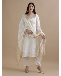 Embroidered Chanderi Cotton Ethnic Motifs Kurta Sets With Dupatta-GNS004 Off White-L