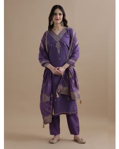 Embroidered Chanderi Cotton Ethnic Motifs Kurta Sets With Dupatta-GNS006 Lavender-XL