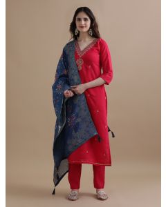 Embroidered Chanderi Cotton Ethnic Motifs Kurta Sets With Dupatta-GNS008 Red-L