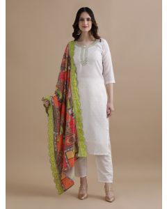 Embroidered Cotton Blend Ethnic Motifs Kurta Sets With Dupatta-GNS009 Off White-L