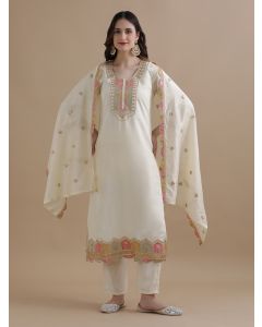 Embroidered Chanderi Cotton Ethnic Motifs Kurta Sets With Dupatta-GNS017 Off White-L