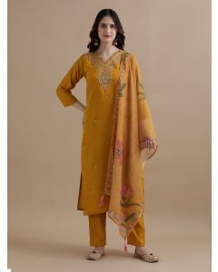 Embroidered Chanderi Cotton Ethnic Motifs Kurta Sets With Dupatta-GNS061 Mustard-XL