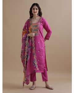 Embroidered Chanderi Cotton Ethnic Motifs Kurta Sets With Dupatta-GNS071 Pink-L