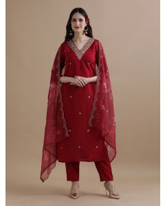 Embroidered Chanderi Cotton Ethnic Motifs Kurta Sets With Dupatta-GNS072 Red-L