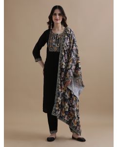 Embroidered Chanderi Cotton Ethnic Motifs Kurta Sets With Dupatta-GNS075 Black-L