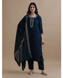 Embroidered Chanderi Cotton Ethnic Motifs Kurta Sets With Dupatta-GNS076 Navy Blue-XL