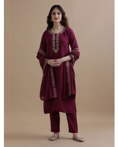 Embroidered Chanderi Cotton Ethnic Motifs Kurta Sets With Dupatta-GNS077 Wine-L