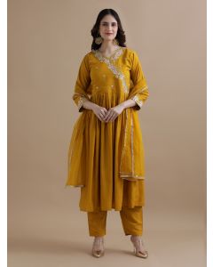 Embroidered Chanderi Cotton Ethnic Motifs Kurta Sets With Dupatta-GNS079 Mustard-L