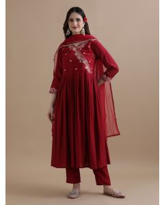 Embroidered Chanderi Cotton Ethnic Motifs Kurta Sets With Dupatta-GNS080 Maroon-L