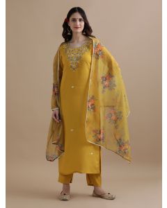 Embroidered Chanderi Cotton Ethnic Motifs Kurta Sets With Dupatta-GNS082 Mustard-L
