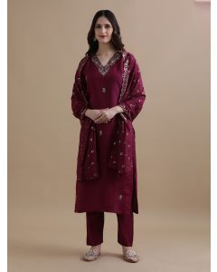 Embroidered Chanderi Cotton Ethnic Motifs Kurta Sets With Dupatta-GNS086 Wine-L
