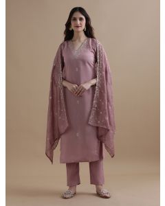 Embroidered Chanderi Cotton Ethnic Motifs Kurta Sets With Dupatta-GNS087 Mauve-L