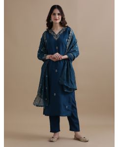 Embroidered Chanderi Cotton Ethnic Motifs Kurta Sets With Dupatta-GNS088 Navy Blue-L