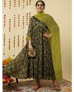 Green Animal Print Flared Kurta With Dupatta 