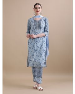Pure Cotton Floral Embroidered Kurta Sets With Dupatta HANDN-170 Blue-S