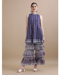Pure Cotton Floral Printed Kurta With Sharara HANDN-300 Navy Blue-S