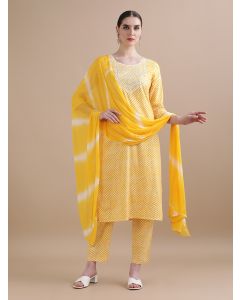 Pure Cotton Leheriya Embroidered Kurta Sets With Dupatta HANDN-646 Yellow-M