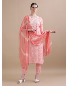 Pure Cotton Leheriya Embroidered Kurta Sets With Dupatta HANDN-647 Pink-S