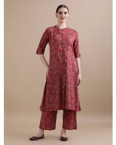 Pure Cotton Floral Printed Kurta With Pant HANDN-692 Maroon-XL