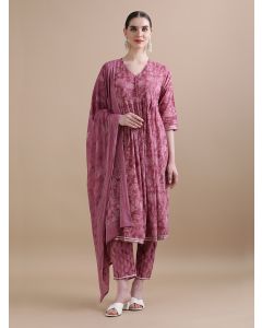 Pure Cotton Floral Flared Gotta Patti Kurta Sets With Dupatta HANDN-705 Purple-L