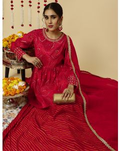 Fuchsia Embroidered Bandhani Gathered Kurta With Leheriya Skirt And Dupatta