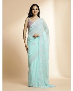 Pure Georgette Sequin Embroidered Sky Blue Saree