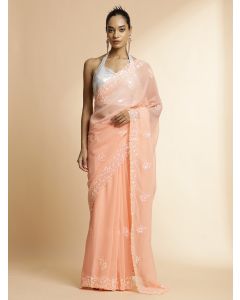Pure Georgette Sequin Embroidered Light Orange Saree