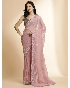 Pure Georgette Sequin Embroidered Pink Saree