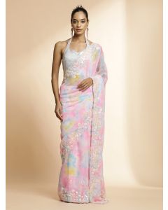 Sky Blue Sequin Embellished Georgette Heavy Saree 