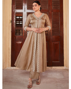 Beige Jaquard Hand Embroidered Anarkali Flared Kurta With Solid Palazzo