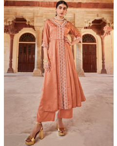Peach Jaquard Hand Embroidered Anarkali Flared Kurta With Solid Palazzo